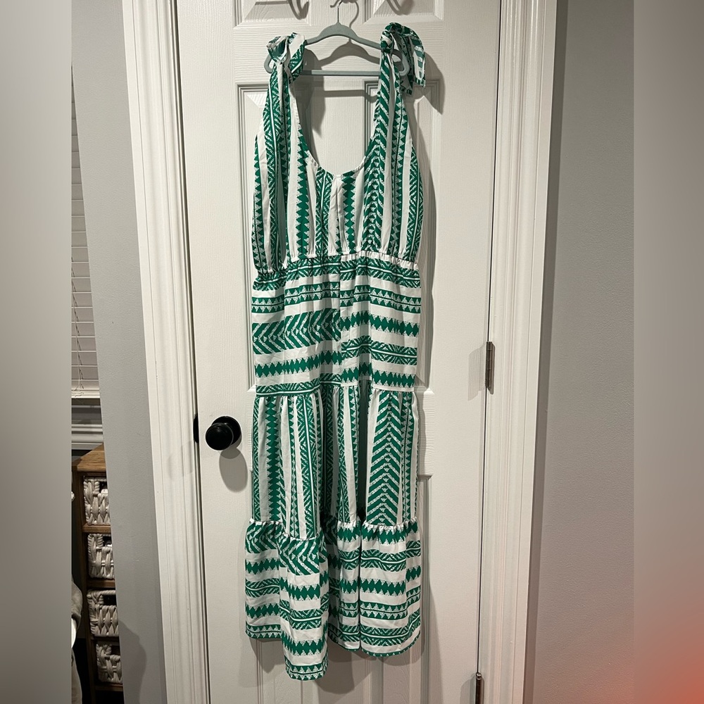 CUPSHE Swim Dress Swim Cover Large Green White Geometric Midi Scoop Elastic NWT
